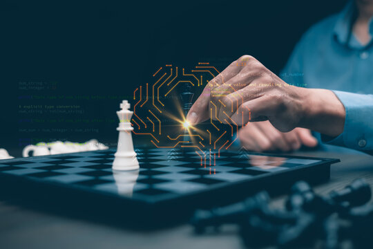 AI-powered business strategy concept with digital brain and chess game. Intelligent decision making, data analytics, and strategic planning for innovation, growth, and competitive advantage.