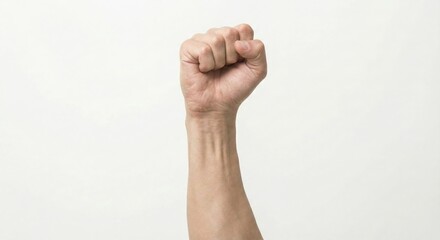 Raised fist on white background, symbol of power and resistance
