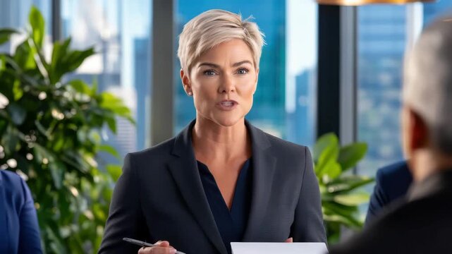 Leadership Discourse: A composed woman, radiating authority, addresses her team in a modern office, embodying confident leadership and skillful communication. 