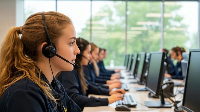 Customer Service Team at Work: A group of dedicated customer service representatives, diligently assisting clients using headsets and computers.