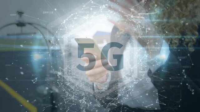 Animation of network of connections over businesswomen using smartphone at the airport