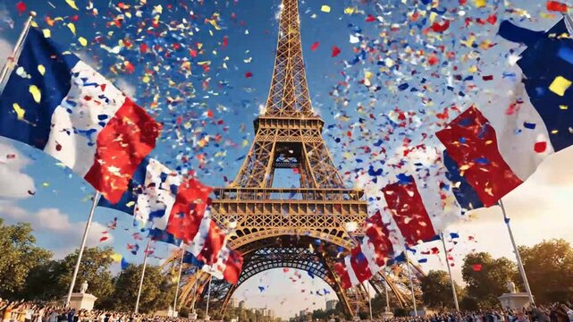 Celebration of French National Day with Eiffel Tower Decorations and Fireworks Display