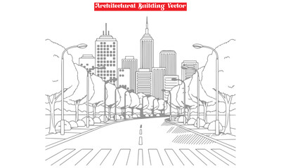 Obraz premium Architectural City Skyline Vector | Urban Street Building Line Art Coloring Page