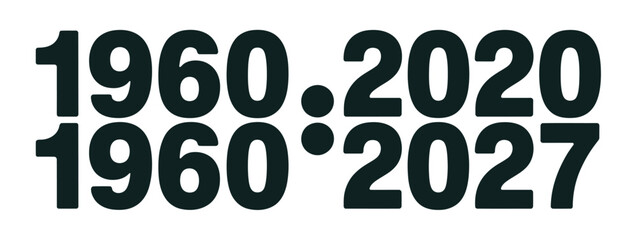 A graphic design featuring the years 1960, 2020, and 2027 in bold font on a white background