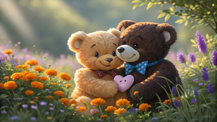 Fototapeta premium Two Adorable Teddy Bears Hugging in a Sunny Meadow with Flowers, Romantic Love Concept