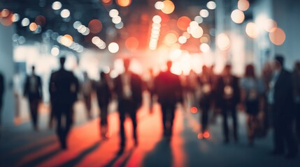 Blurred background of a business event with a crowd.
