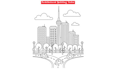 Obraz premium Architectural City Skyline Vector | Urban Street Building Line Art Coloring Page