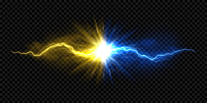 Powerful yellow and blue lightning explosion. Vibrant dual-energy concept with yellow and blue lightning bolts and bright energy burst. Vector illustration with dynamic lightning discharge.