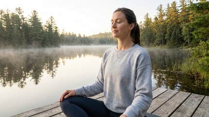 Fototapeta premium Fitness woman yoga breathing for wellness concept. Peaceful woman meditating by a serene lake at dawn.