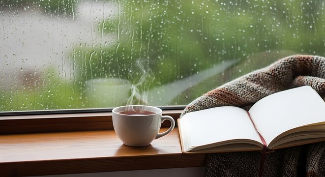 Cozy morning with coffee and book on a rainy day