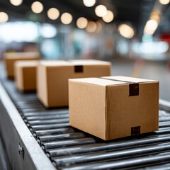 Cardboard boxes on conveyor belt in modern warehouse