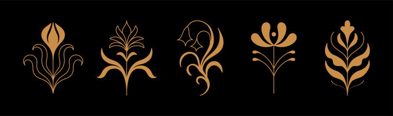 Obraz premium Vector set of logo design templates and graphic elements, organic cosmetics, floral illustration in simple linear hand drawn style, plants and flowers, natural products emblems