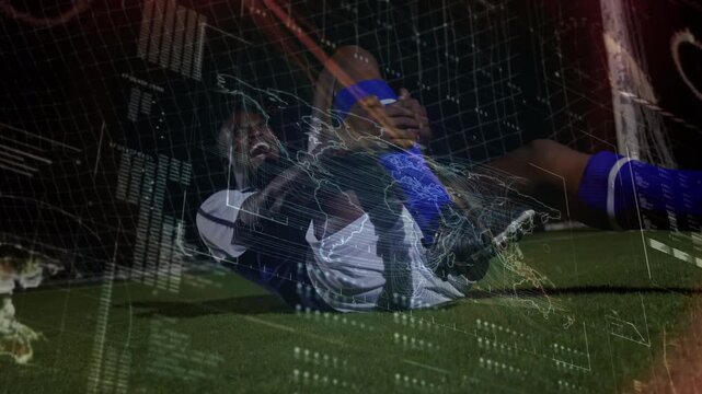 Animation of data processing over injured african american football player on football pitch