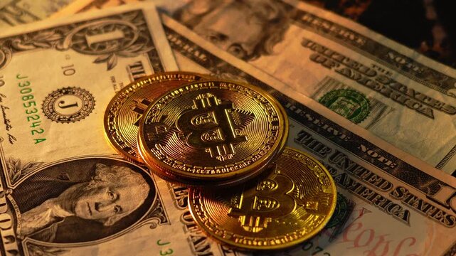 Bitcoin BTC coin with 100 dollars bills. Digital crypto coin and cryptocurrency. Investments for the investor. Concept of exchange market and online trading. Trading in bull and bear markets