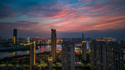 Xiamen Jimei Sunset Skyline with Waterfront High-Rises © PhanThi