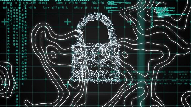 Animation of digital padlock over isohypses and data processing on black background