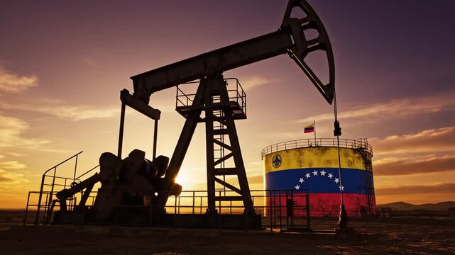 Sunrise over oil extraction rig with Venezuelan flag capturing early morning energy scene