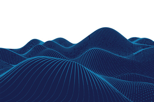 A futuristic digital landscape with wavy lines and dots on a white background