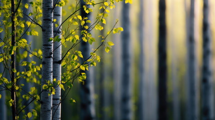 Morning Sunlight Illuminating Fresh Green Leaves on Birch Trees in Lush Forest First Day of Spring Nature Awakening Concept Light Filled Forest Awakening