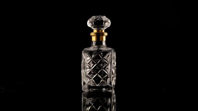 High-detail atmospheric loop of a premium crystal carafe with a polished gold stopper in deep shadows.