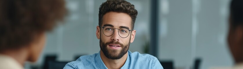 Obraz premium Young Professional Man Engaged in Discussion with Colleagues in Modern Office Setting