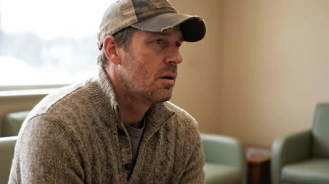 man with cap - A man in a cozy sweater and baseball cap sits in a serene waiting room, eyes closed, visibly deep in thought or prayer, palms pressed together in contemplation