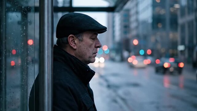 man with cap - A solitary man stands at a bus stop in a rainy urban setting, wearing a black coat and flat cap, as blurred city lights illuminate the street behind him