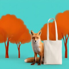 Obraz premium Adorable fox with white tote bag in vibrant autumn forest scene