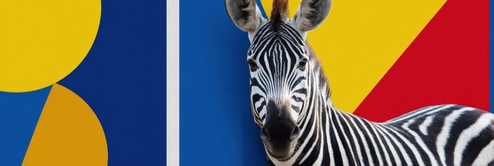 Fototapeta premium Zebra with bold geometric background featuring blue, yellow, and red shapes