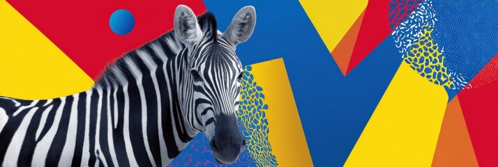 Fototapeta premium Zebra on colorful geometric background with bold patterns