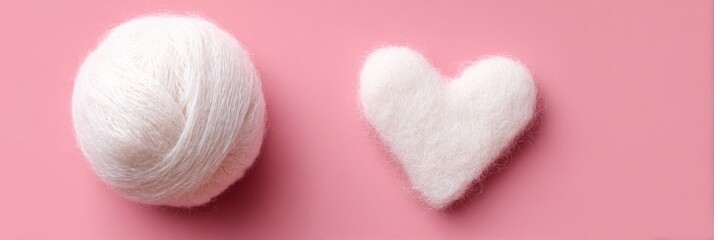 Obraz premium White yarn ball and heart shape on pink background