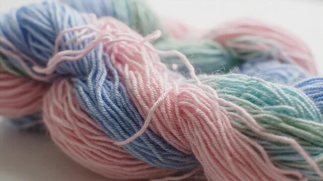 Close up of multicolored yarn thread soft texture neutral background