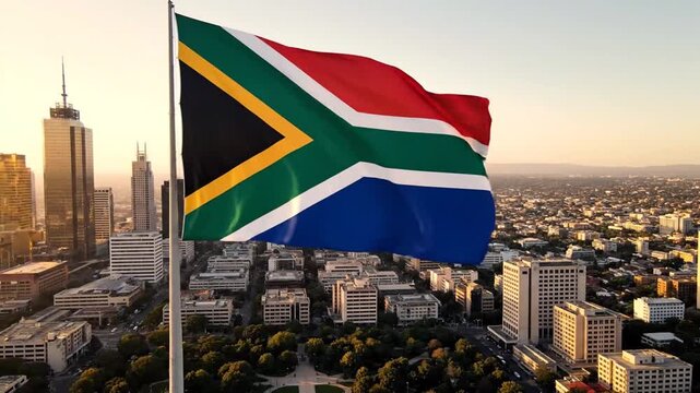 Vibrant South African Flag Flutters Over City Skyline During Golden Hour Celebrating National Pride and Urban Landscape