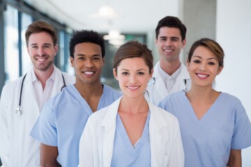 Fototapeta premium Diverse medical team with two female and three male young adults in hospital setting