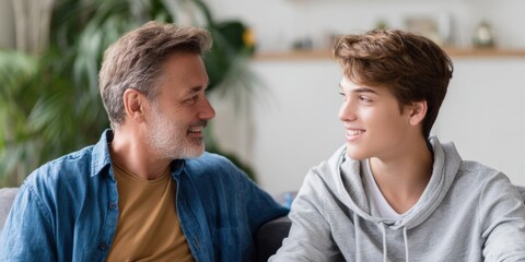 Fototapeta premium Caucasian mature male and young male sharing a happy moment at home