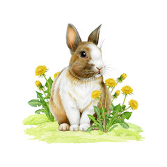 Obraz premium Small bunny on the green grass with dandelion flowers. Hand drawn watercolor illustration. Easter mood vintage style cozy springtime image. Easter bunny with spring flowers on white background