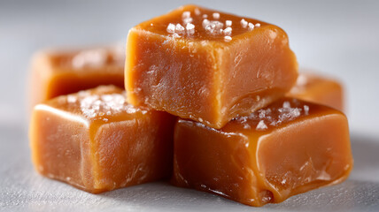Gourmet sea salt caramel cubes on smooth surface