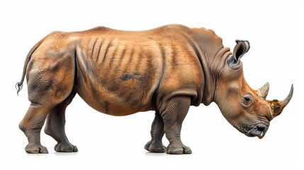 Fototapeta premium Full-body photograph of a rhinoceros isolated on a white background, showing realistic skin texture, strong body shape, sharp focus, and clean studio lighting. 