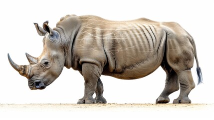 Obraz premium A full-body rhino standing on a white background, captured in high detail with natural proportions, textured gray skin, and professional studio illumination.