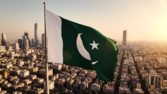 dynamic footage of the pakistani flag waving over a cityscape at sunset capturing national pride and urban vitality in a