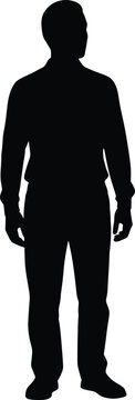 Black silhouette of a man standing person black, silhouette, man, standing, person, figure, human, dark, white background, full body, neutral, simple, symbol, shape, form, white, background, viewed, f