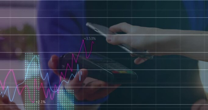 Animation of financial graphs and data over hands of caucasian men using wireless payments