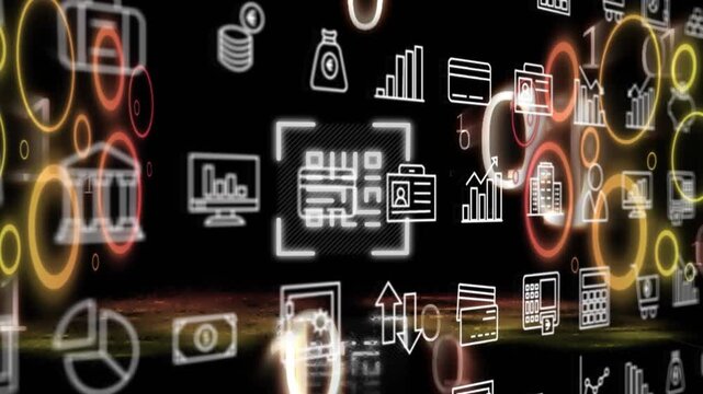 Animation of falling icons and qr code over dark background