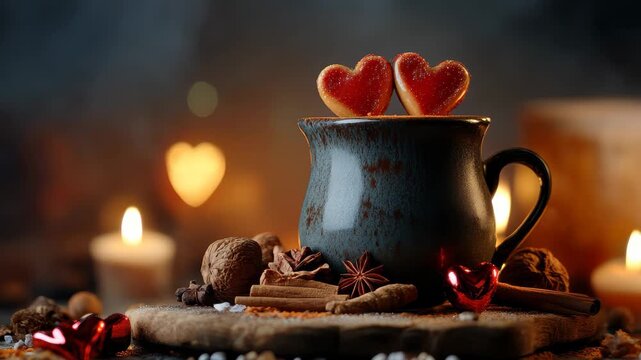 Festive composition of mulled wine spices with heart-shaped cookies and candles for a romantic atmosphere