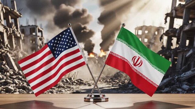 Flags of the United States and Iran prominently displayed amidst destruction and chaos in a war-torn cityscape conveying
