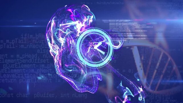 Animation of smoke, clock and dna on blue background