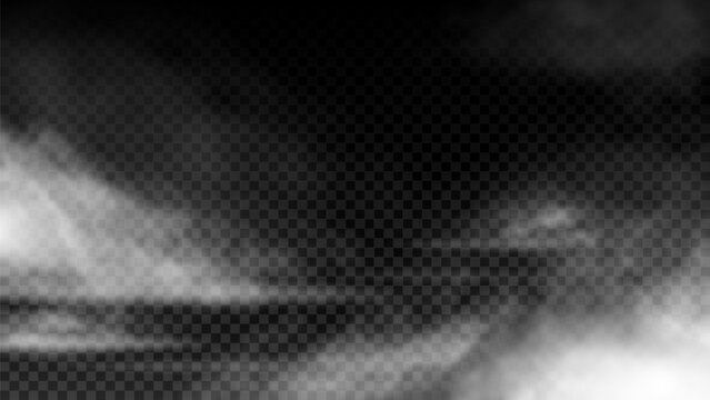 Realistic vector white smoke or fog clouds. Detailed fog, vapor, smoke, mist, or steam effect isolated on checkered background. 3d atmospheric phenomena with transparent overlay effect.