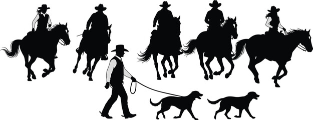 Fototapeta premium Black silhouettes of cowboys riding horses and walking dogs cowboy, horse, dog, silhouette, black, white background, riding, walking, cowboy hat, western, equestrian, animals, people, silhouettes, cow