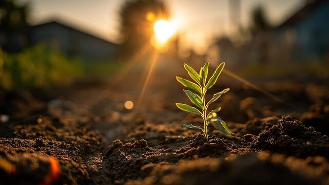 Young green sprout growing from dry soil in a rural field at sunset, concept of new life and environmental sustainability in agriculture during golden hour