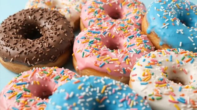 Delicious doughnuts with colorful frosting and sprinkles on a blue surface
